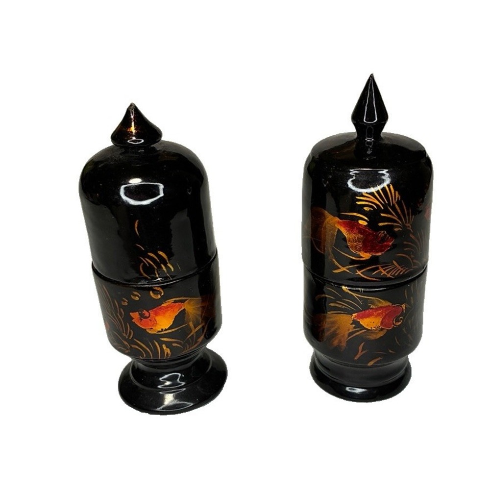 Vintage Asian Black Lacquer Covered Jars Pair Goldfish Hand Painted 4.5"